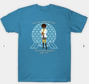 A combination of Computer Lady (real life scientist Valerie Thomas!) and The Devil Wears Prada, over a Spaceship Earth background